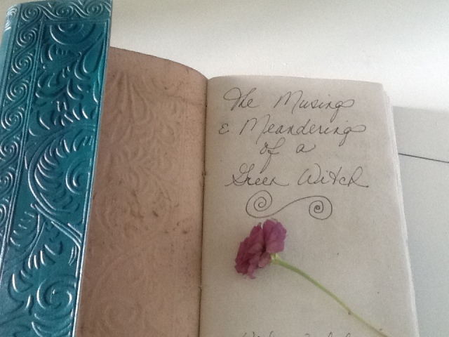 Green leatherboard grimoire with writing inside whichreads  'The Musings and Meanderings of a Green Witch' 