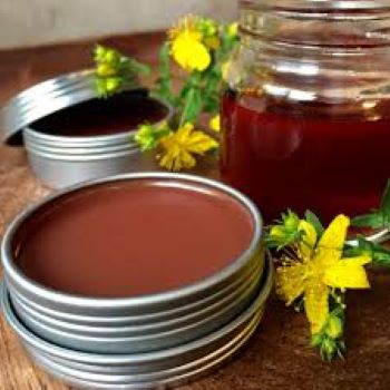 Beautiful red coloured St. John's Wort Salve on a wooden table surrounded by the cheery yellow flowers of the St. John's Wort plant.